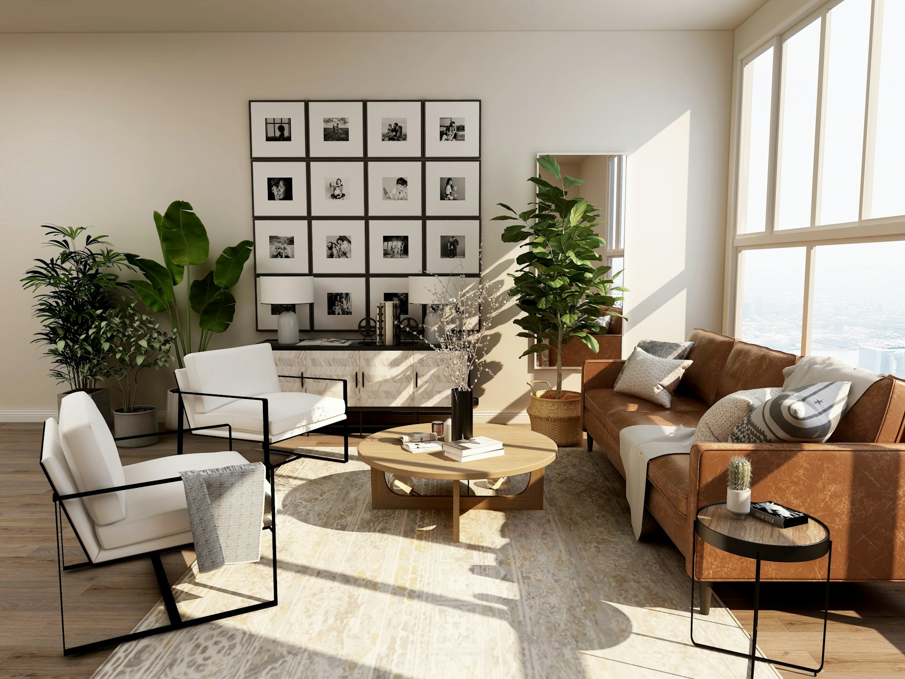 A calm, sunlit living room with green plants and warm natural materials